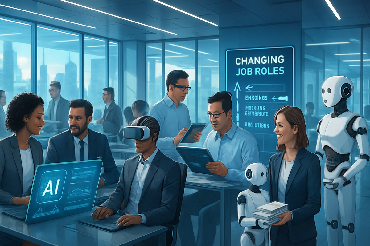 The image depicts a modern office with people interacting with technology, including a virtual reality headset and robots, under a sign about changing job roles.