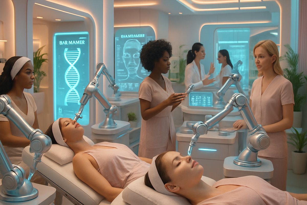 The image shows a modern skincare clinic with women receiving facial treatments while aesthetician robots assist, surrounded by futuristic technology and screens.