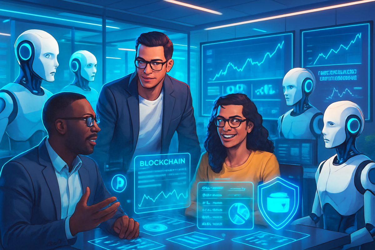 The image features two people discussing technology in a futuristic setting with robots and digital interfaces displaying blockchain data and graphs.