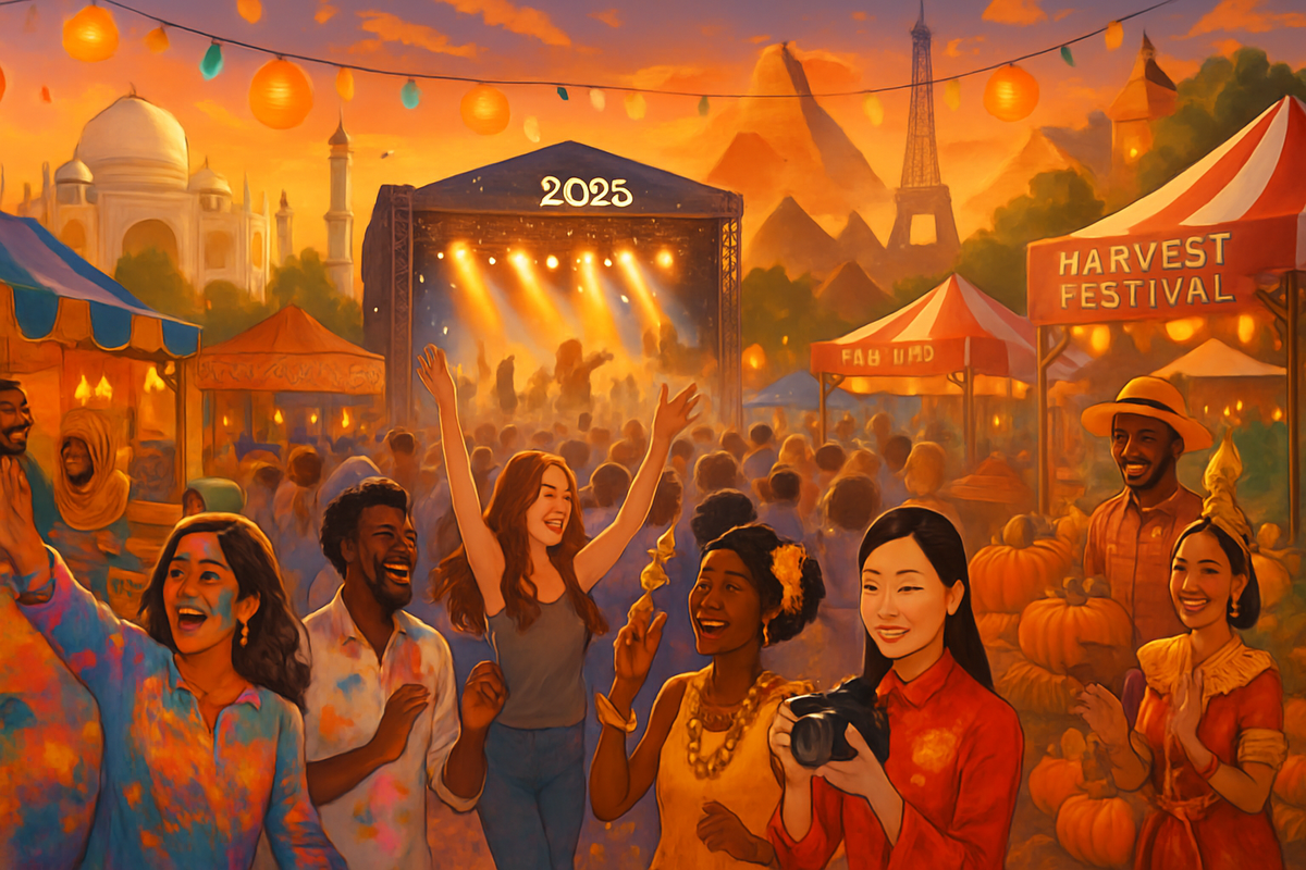The image depicts a vibrant festival scene at sunset with diverse people enjoying music and festivities amidst colorful decorations and iconic landmarks.