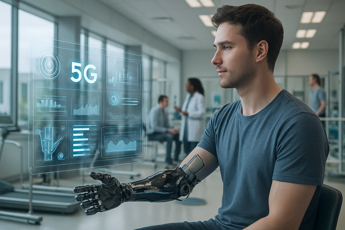 A man with a prosthetic arm interacts with a holographic display showing data related to 5G technology in a modern medical setting.