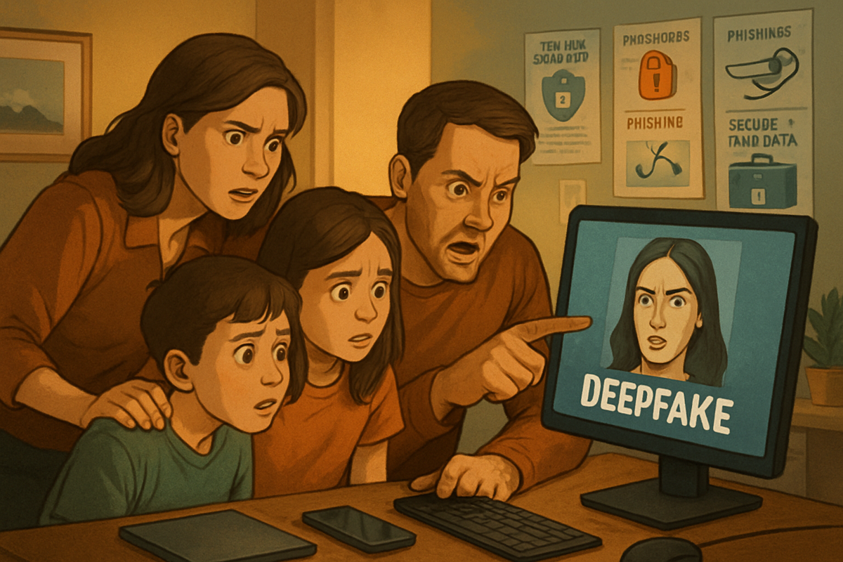 A concerned family gathers around a computer, shocked to see a deepfake image on the screen.