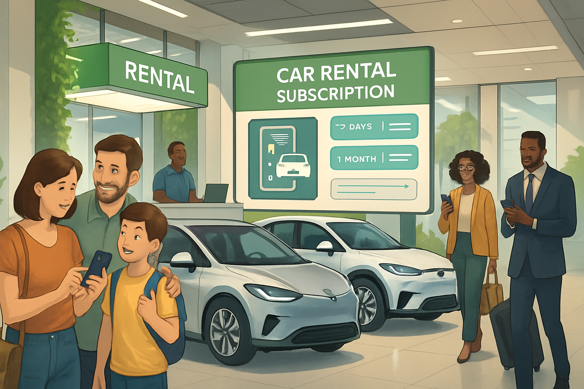 The image depicts a car rental service with a family interacting at the counter, cars displayed in the foreground, and a digital sign showcasing rental options.