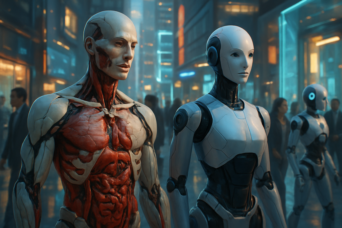 The image features a futuristic scene where a humanoid figure with exposed muscles stands next to sleek, robotic companions in a bustling urban environment.