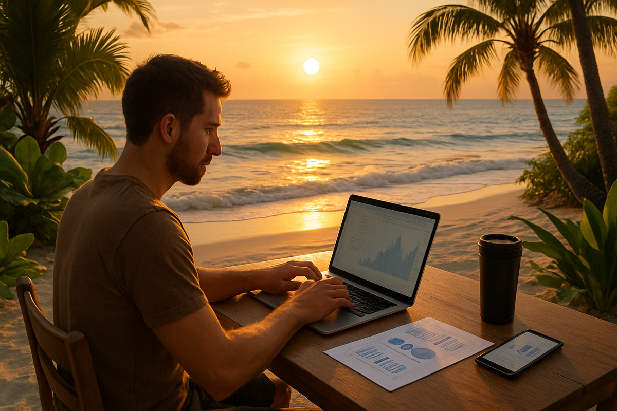 A man works on a laptop at a beachside table during sunset, surrounded by palm trees and ocean.