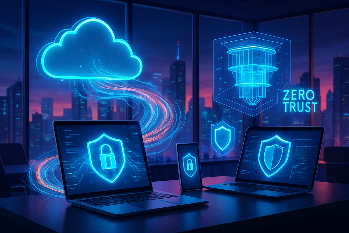 The image depicts a futuristic workspace with glowing digital elements representing cloud computing, cybersecurity, and a "Zero Trust" model, set against a city skyline at dusk.