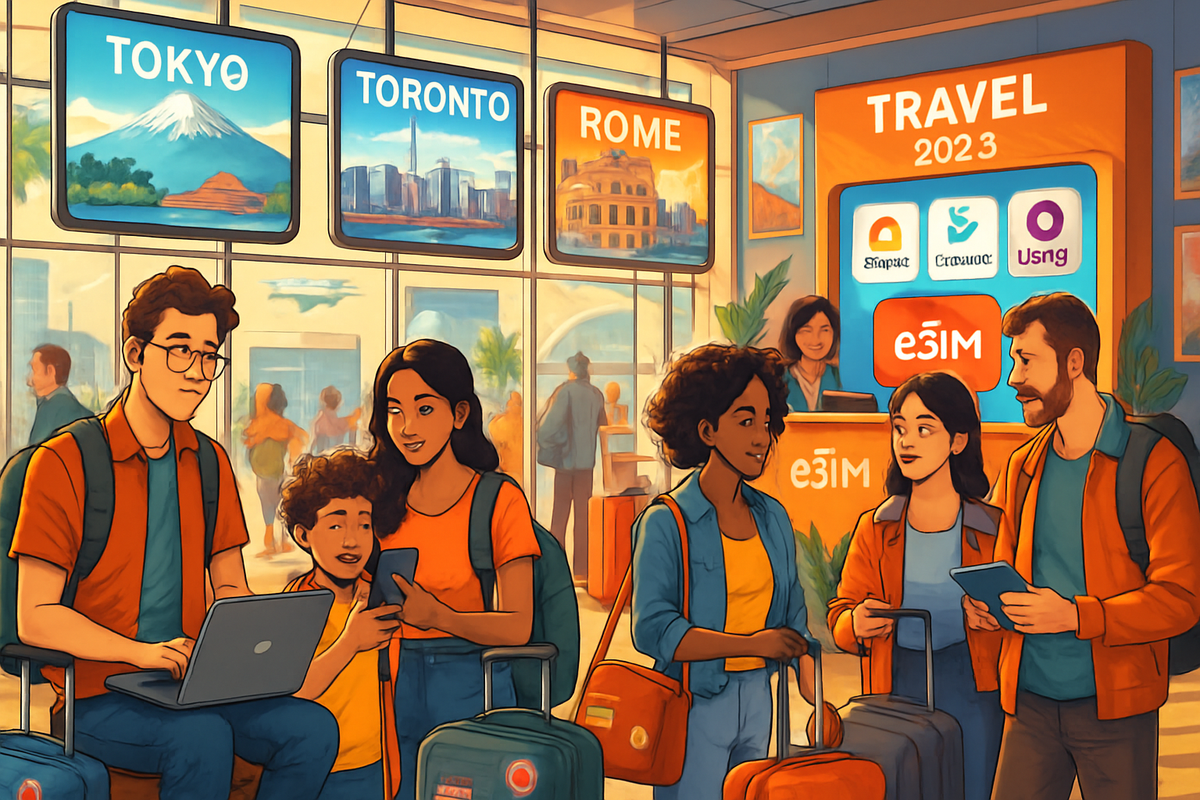 The image depicts a vibrant airport scene with travelers, showcasing destinations like Tokyo, Toronto, and Rome, as well as a travel service kiosk.