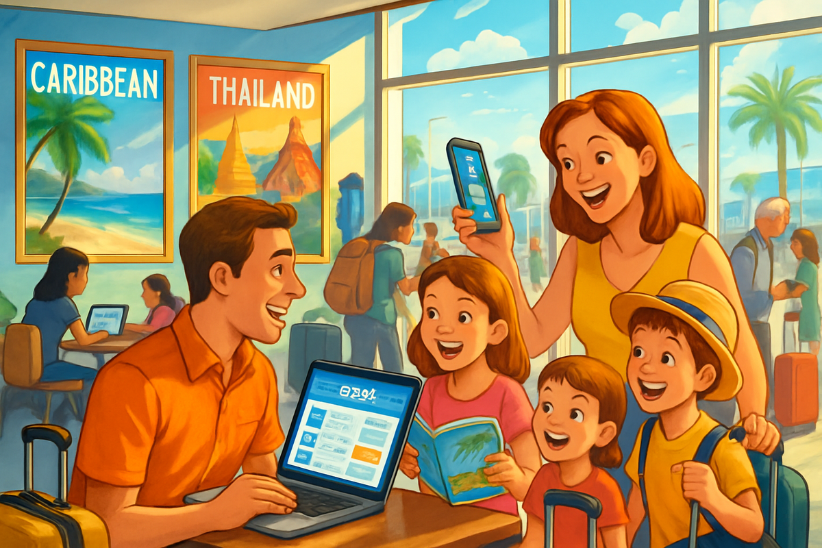 A happy family is planning a vacation using a laptop in an airport-like setting with travel posters for the Caribbean and Thailand.