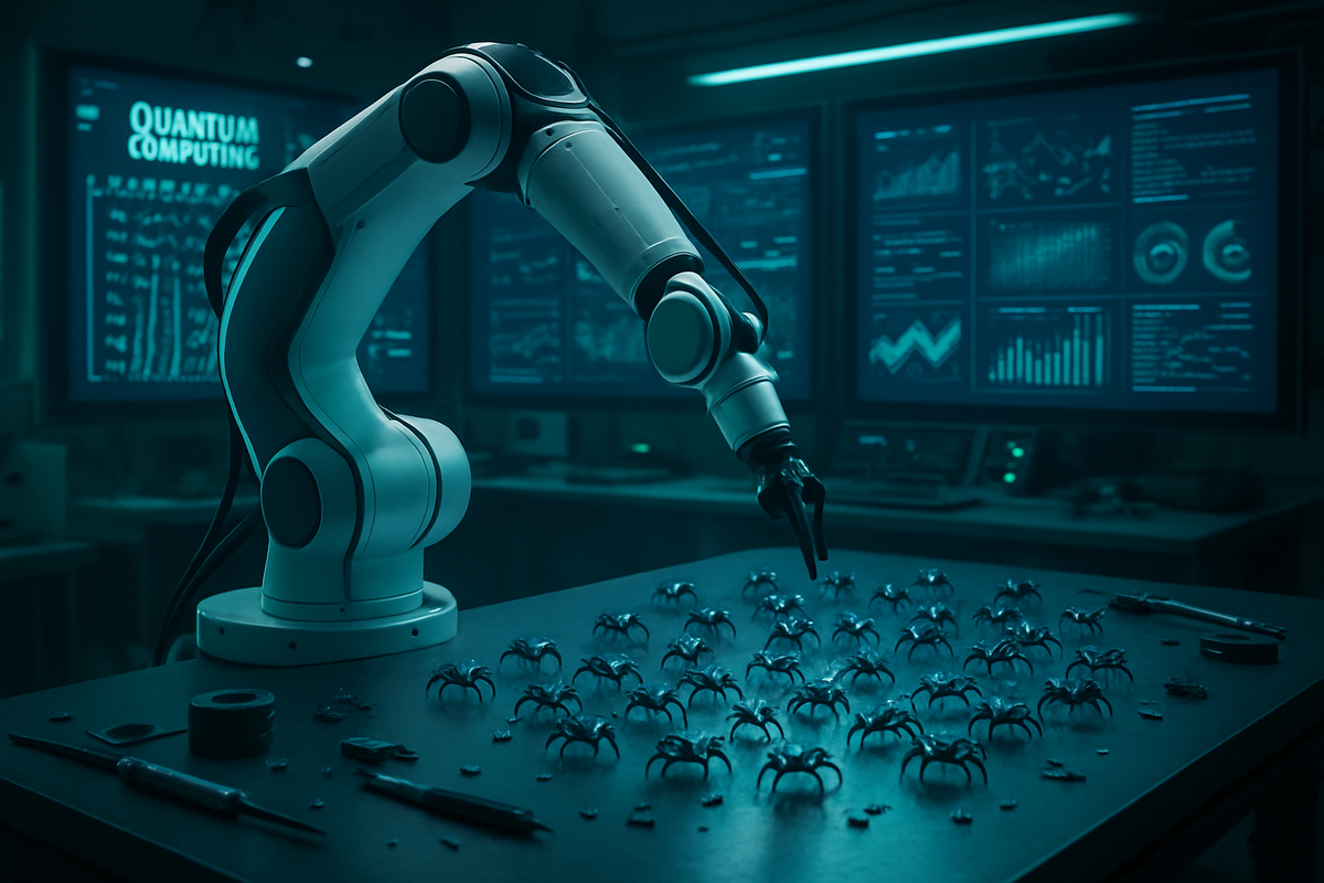 A robotic arm is positioned over a table covered with small spider-like figures, surrounded by screens displaying data related to quantum computing.