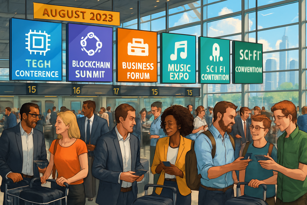 The image depicts a bustling convention center in August 2023, featuring various event signs and groups of people engaged in conversation and using their phones.