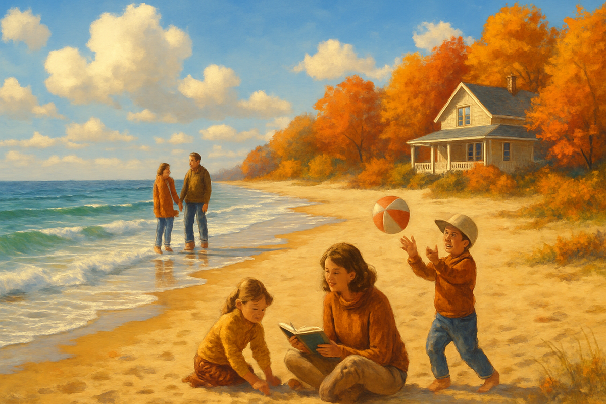 The painting depicts a serene beach scene in autumn, featuring a family enjoying time together, with adults standing by the water and children playing in the sand.
