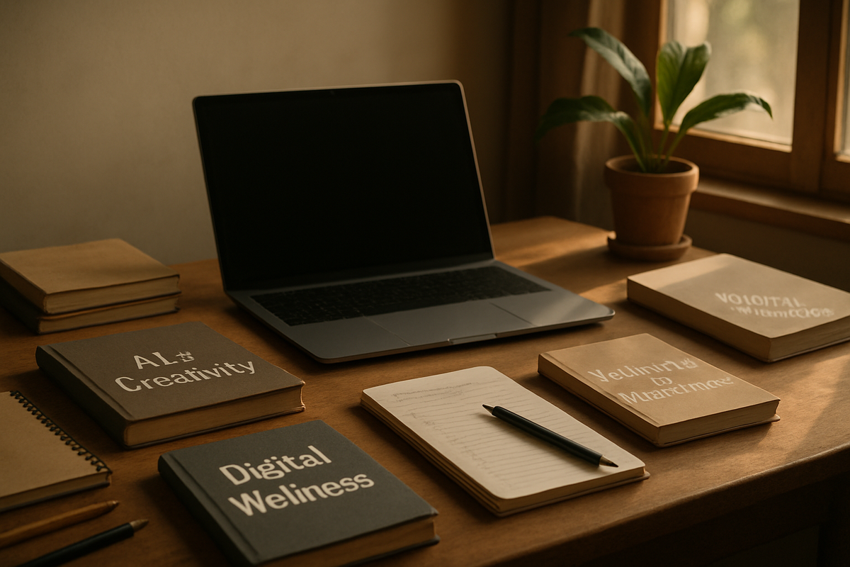 The image shows a wooden desk with a laptop, several books, a notebook, a pen, and a potted plant beside a window.