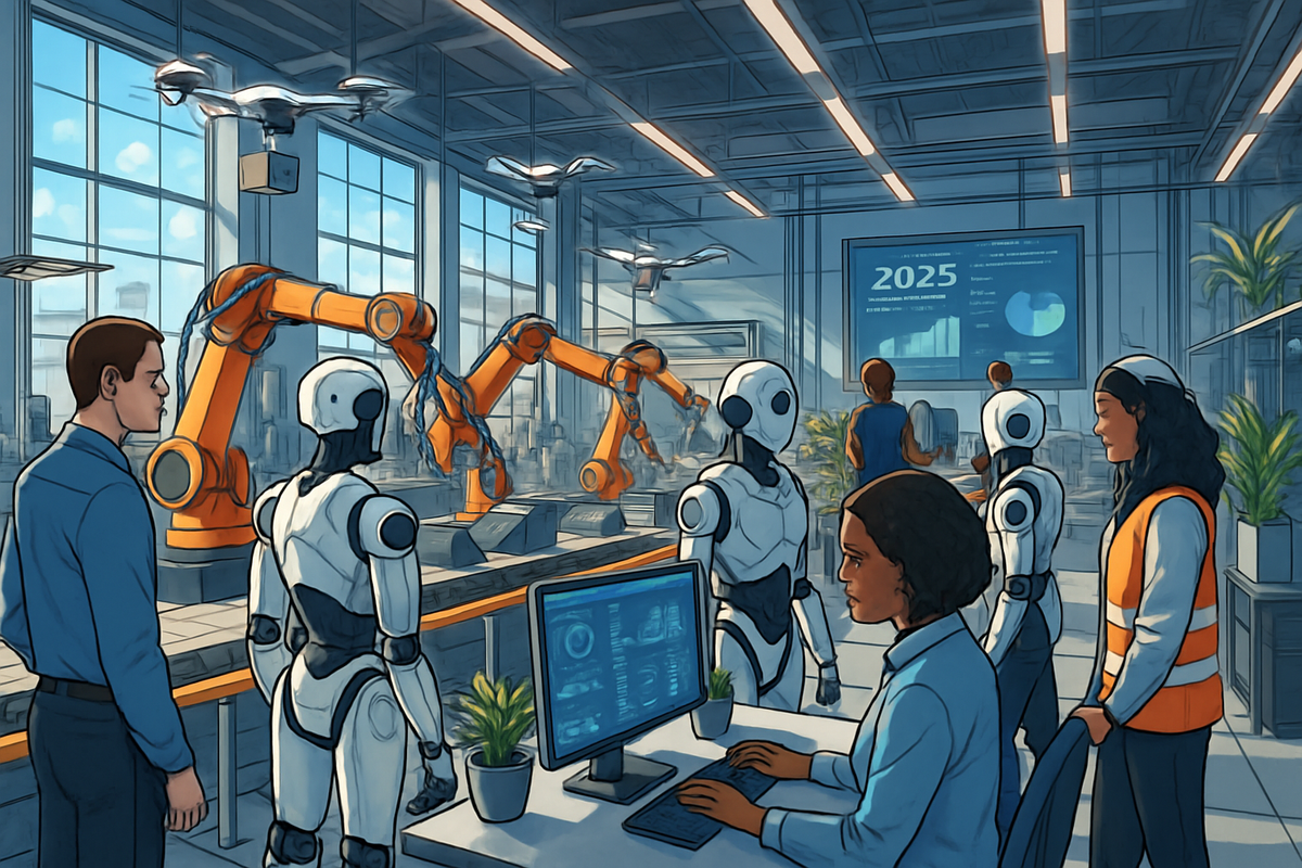 The image depicts a futuristic workspace featuring robots, drone technology, and a diverse group of individuals interacting with advanced machinery and data displays.
