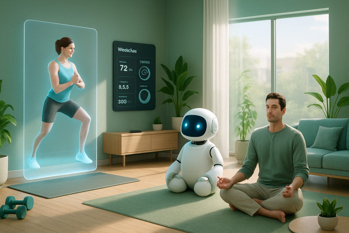 A man meditates on a mat while a holographic fitness instructor demonstrates an exercise and a friendly robot sits beside him in a modern living space.