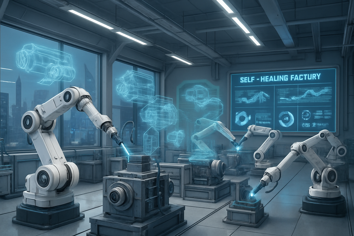 The image depicts a futuristic factory setting with robotic arms working on machinery, enhanced by holographic displays indicating a self-healing technology.