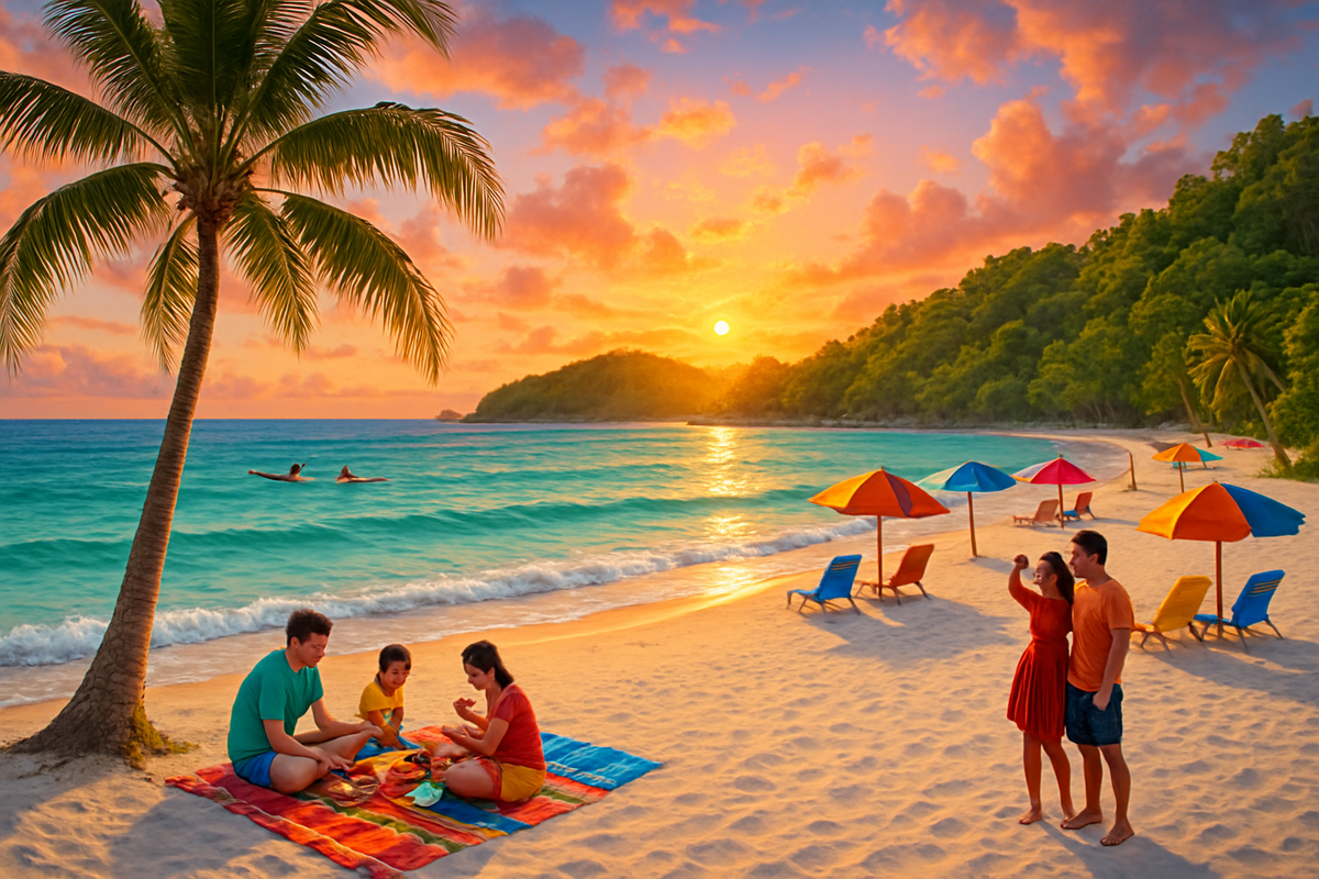 A sunset beach scene captures a family having a picnic on the sand, with colorful umbrellas and couples enjoying the view.