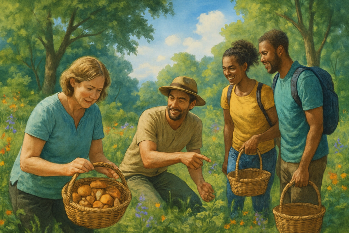 A group of four people is joyfully gathering wildflowers or herbs in a vibrant, sunlit meadow surrounded by lush greenery.