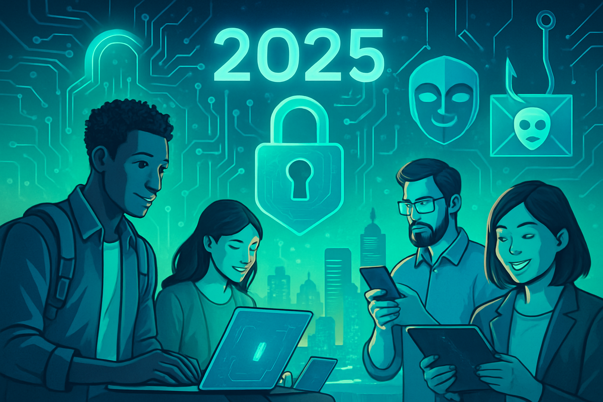 The image depicts a group of four diverse individuals engaged with technology, surrounded by security symbols and the year 2025, set against a futuristic backdrop.