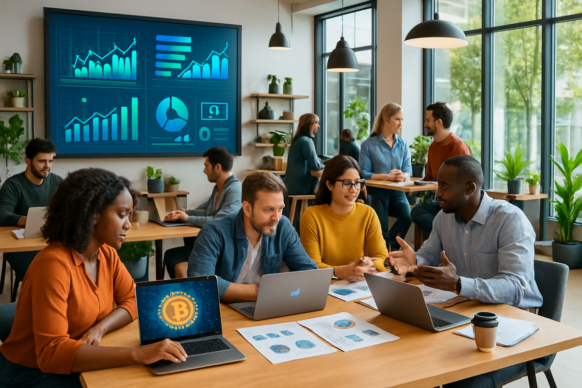 The image shows a group of diverse people collaborating in a modern office space, surrounded by plants and digital charts related to data analysis.