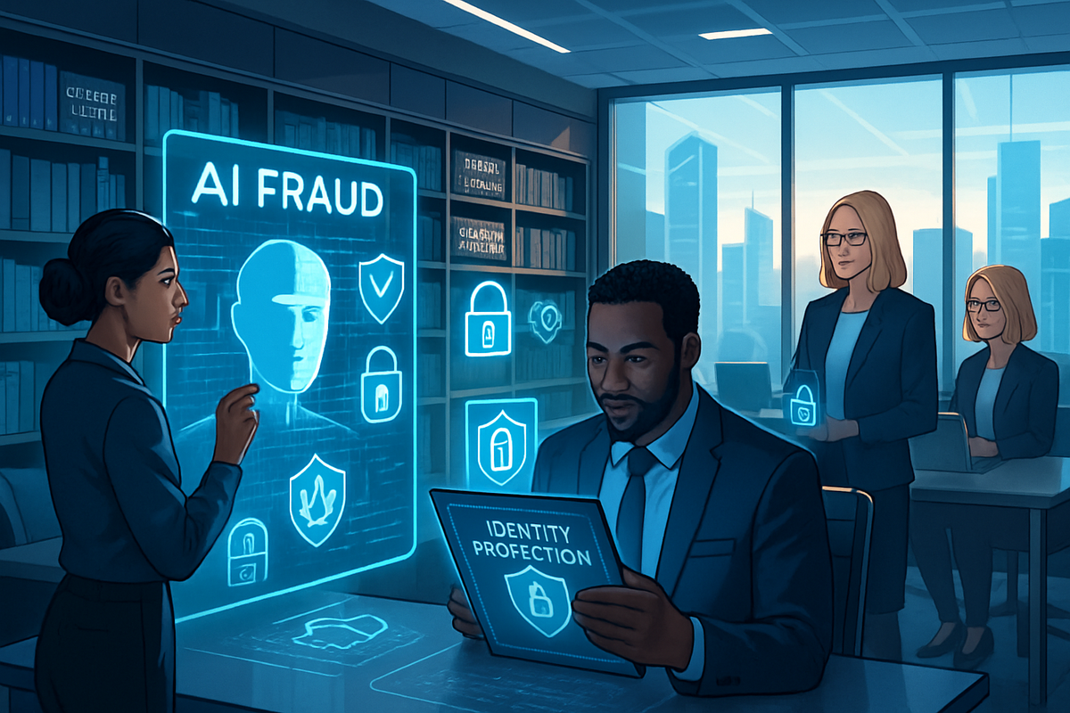 The image depicts a corporate setting where professionals discuss AI fraud and identity protection, with digital interfaces illustrating various security measures.