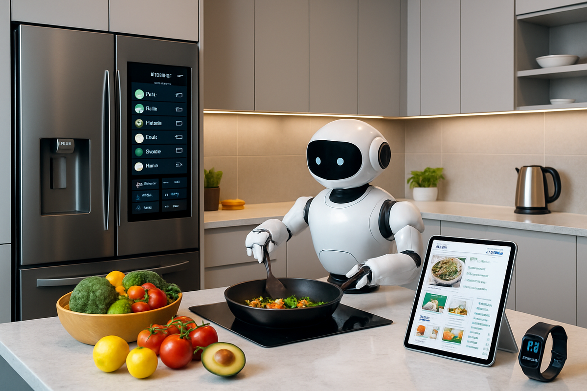 A futuristic kitchen scene featuring a robot cooking, surrounded by fresh vegetables and an interactive tablet displaying recipes.