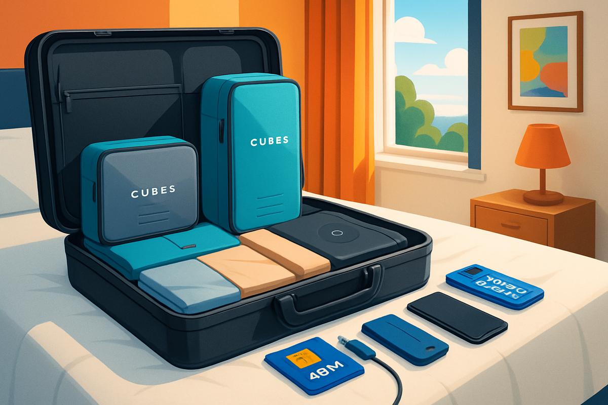 The image depicts a stylish suitcase opened on a bed, featuring neatly arranged cubes and accessories in a bright, cozy room.