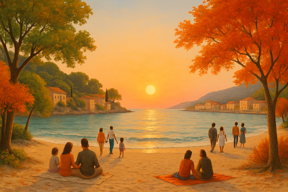 The image depicts a serene sunset beach scene with families enjoying the view, framed by vibrant autumn trees and quaint houses along the shore.