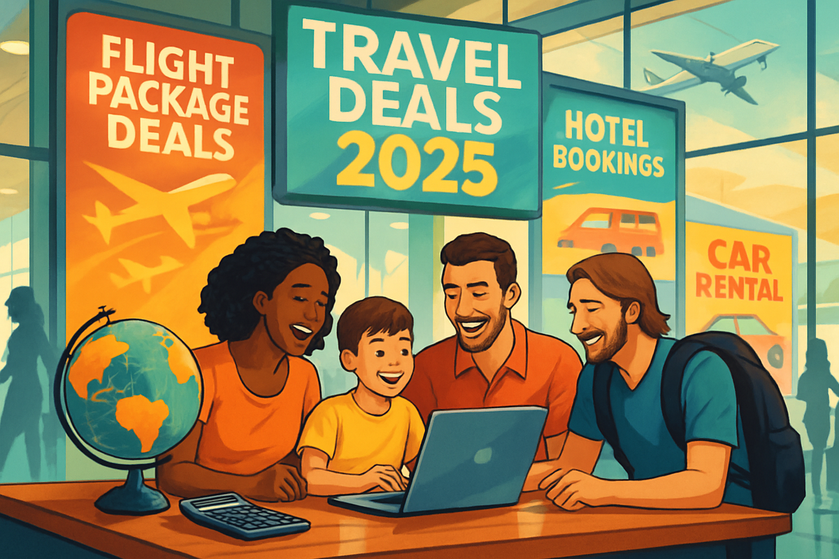 A cheerful family analyzes travel deals on a laptop in a vibrant setting with travel advertisements in the background.