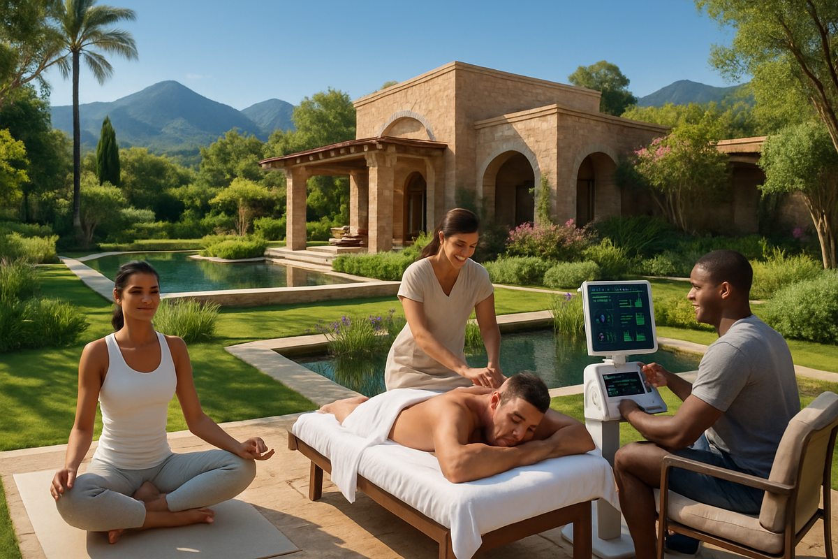 The image shows a serene outdoor spa scene with a woman meditating, a man receiving a massage, and a technician monitoring health data beside them.