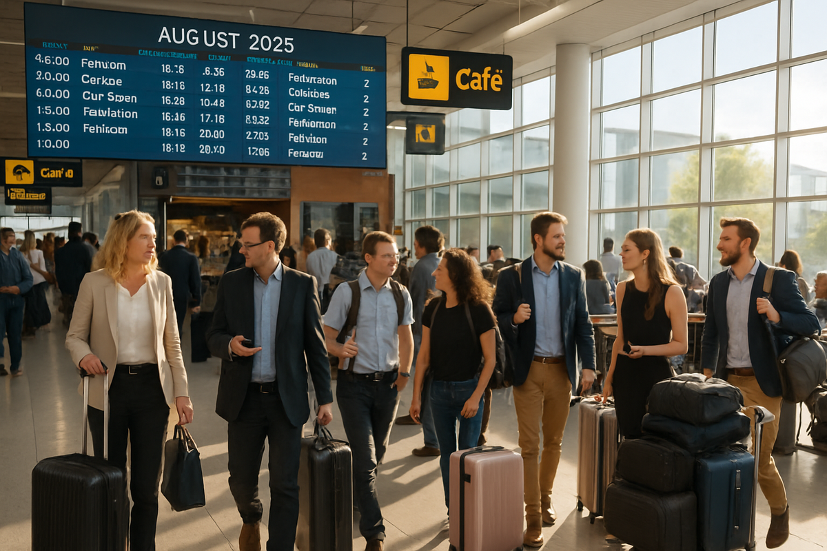 A group of travelers dressed in business attire walk through an airport terminal while looking at each other and carrying luggage.