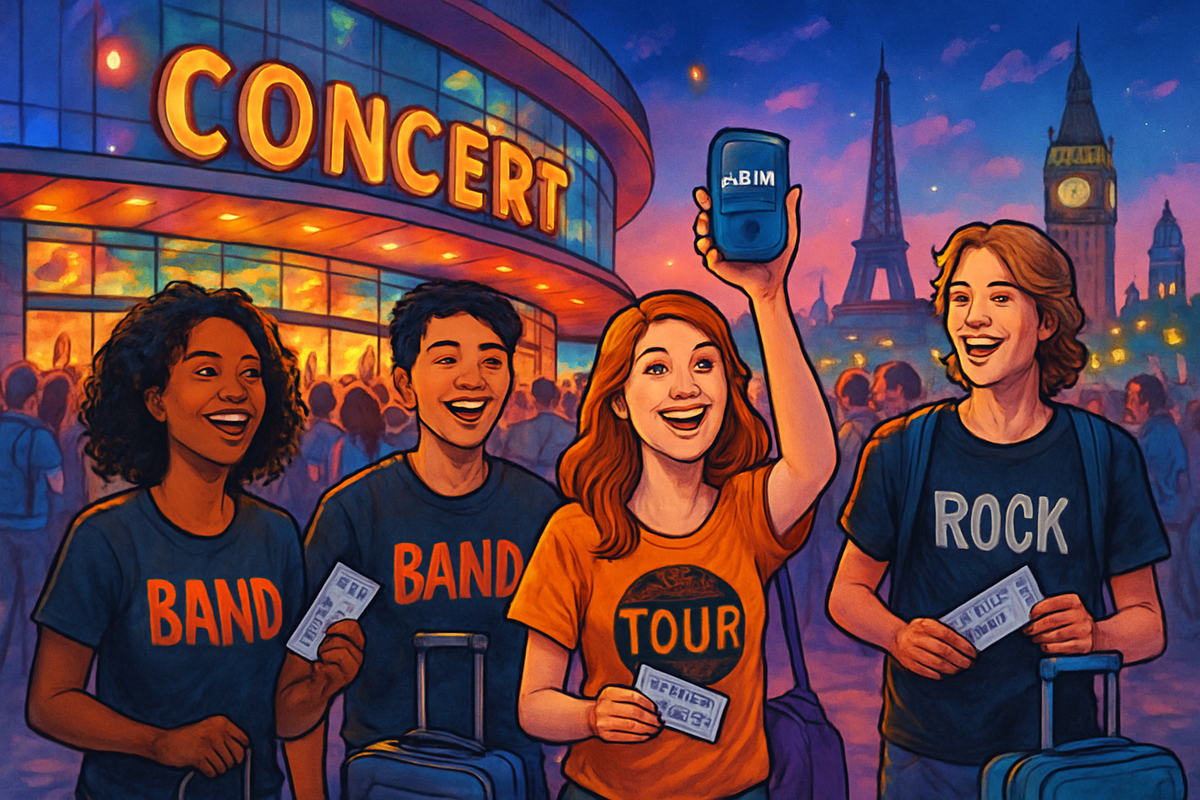 A group of excited young people with luggage stands outside a concert venue, holding tickets, with famous landmarks in the background.