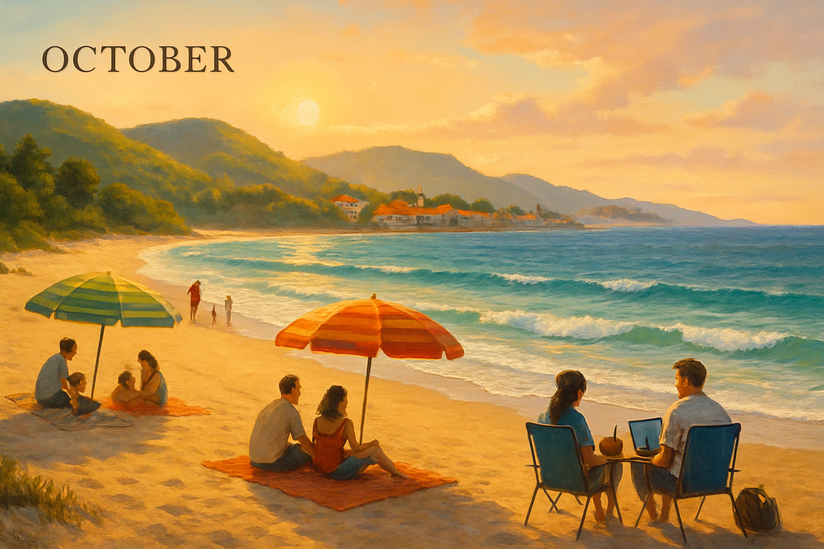 A serene beach scene in October shows people enjoying the sun under umbrellas, with gentle waves and a warm sunset backdrop.