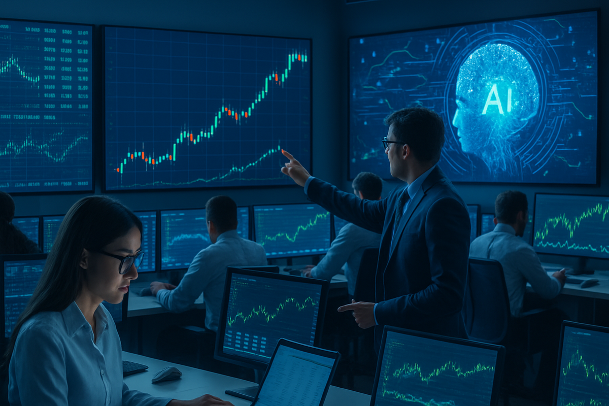 The image depicts a high-tech trading room with several analysts working at computers while a man in a suit points to a screen displaying financial data and AI graphics.