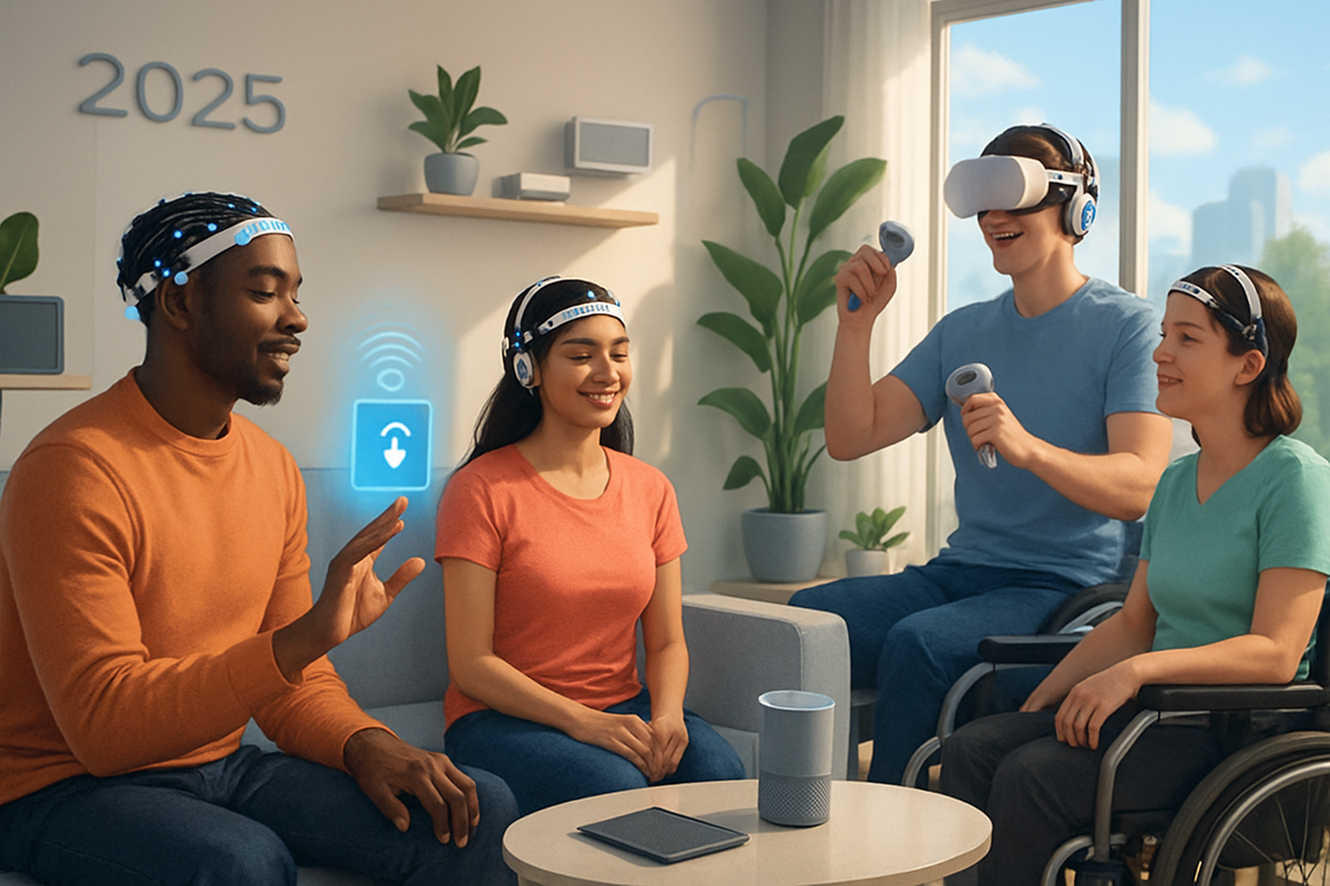 The image depicts a futuristic living room where four people are engaging with virtual reality technology and enjoying a social interaction.