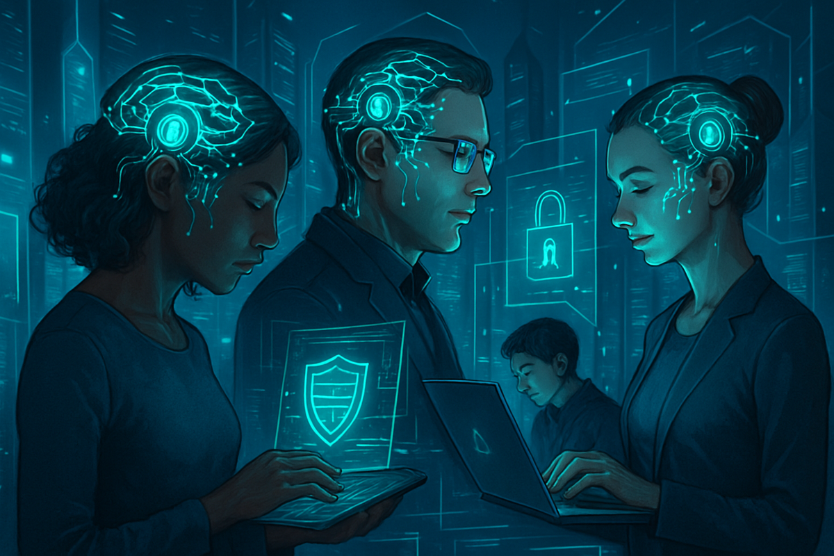 The image depicts four individuals engaged in technology-related work, featuring glowing digital elements linked to their heads in a futuristic, cyber-themed environment.