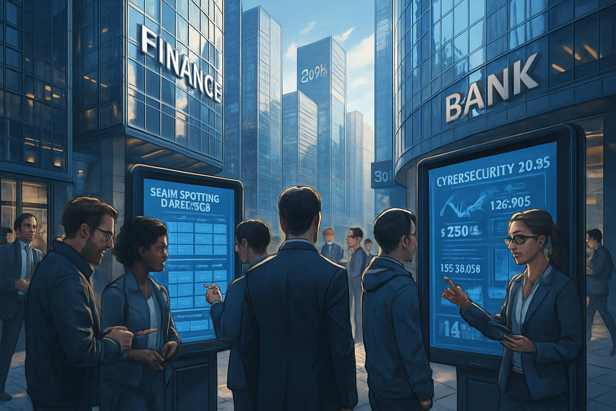 The image depicts a group of professionals engaged in discussion outside modern financial buildings, with digital displays showcasing data related to finance and cybersecurity.