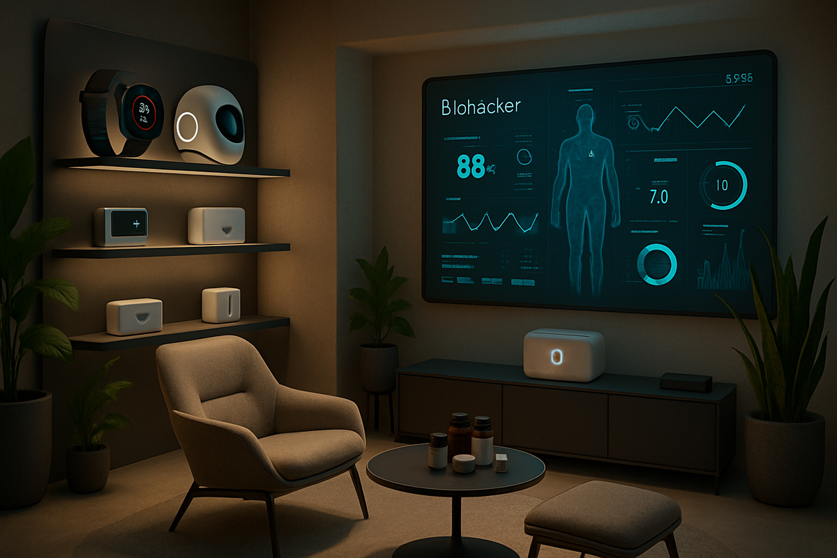 The image features a modern, tech-driven room showcasing health monitoring devices and a large interactive display with physiological data analysis.