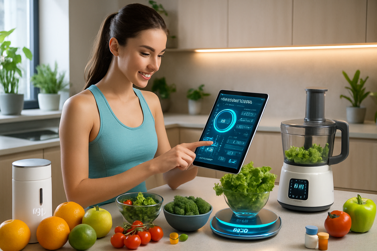 A woman in a turquoise tank top is using a tablet while preparing fresh vegetables on a kitchen countertop filled with fruits and a food processor.