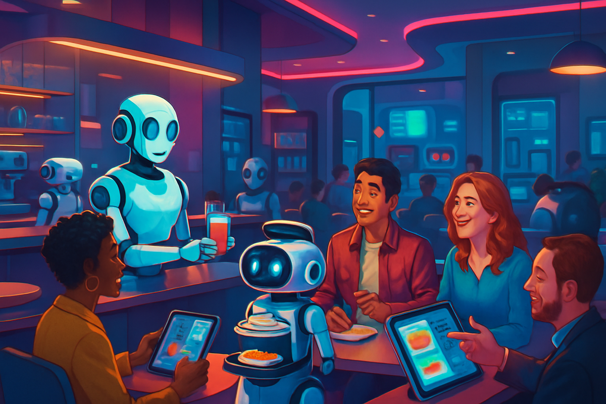 The image depicts a futuristic restaurant scene with robotic servers interacting with patrons enjoying their meals and using tablets.