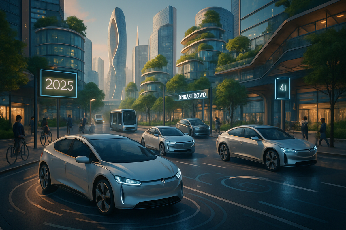 The image depicts a futuristic city street with modern electric vehicles, tall buildings, and greenery, set in the year 2025.