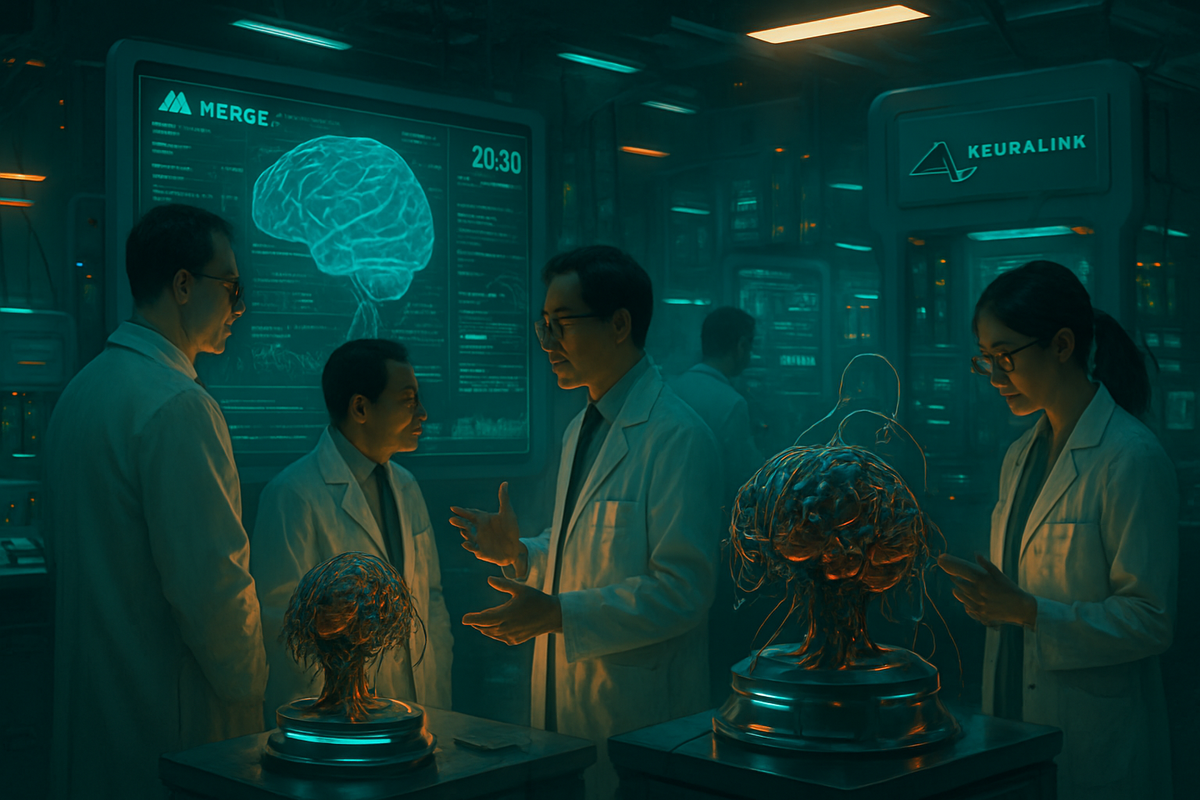 The image depicts scientists in a laboratory discussing a brain-like model surrounded by advanced technology displays.