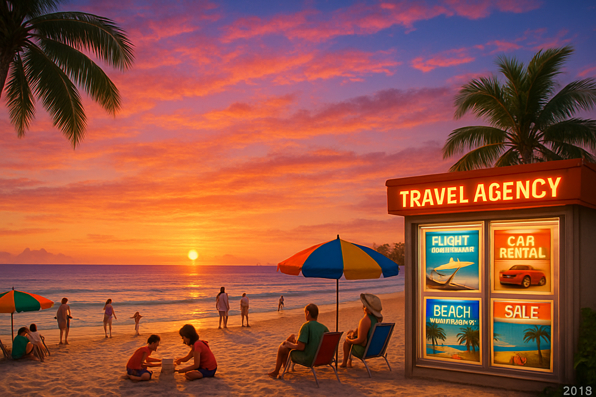 The image depicts a scenic beach at sunset with a travel agency booth, colorful umbrellas, and people enjoying the shoreline.
