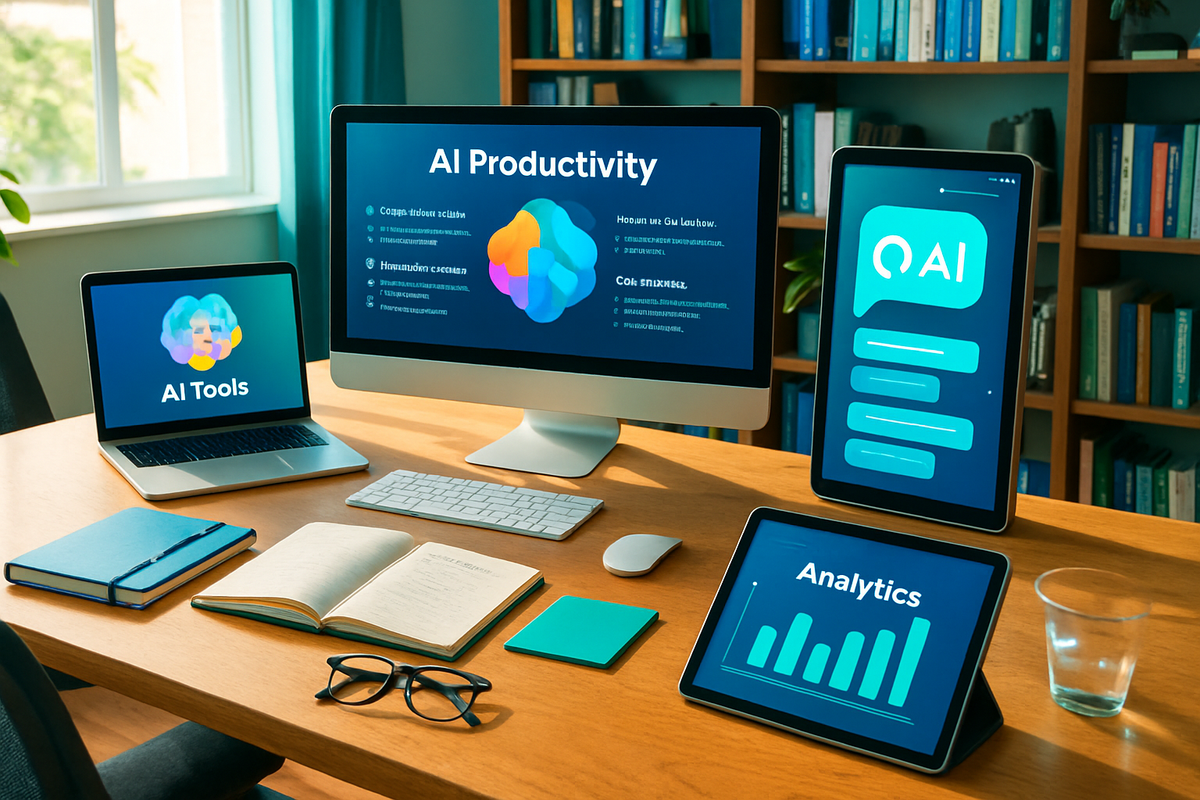 The image displays a modern workspace with multiple screens showing various AI-related applications, alongside notebooks and eyeglasses on a wooden desk.