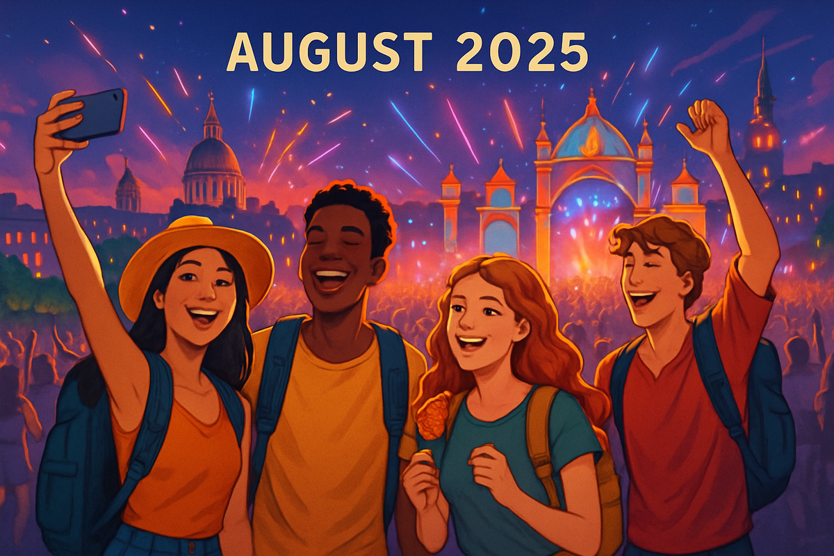 A group of four young friends joyfully taking a selfie with a festive background and fireworks, labeled "AUGUST 2025."