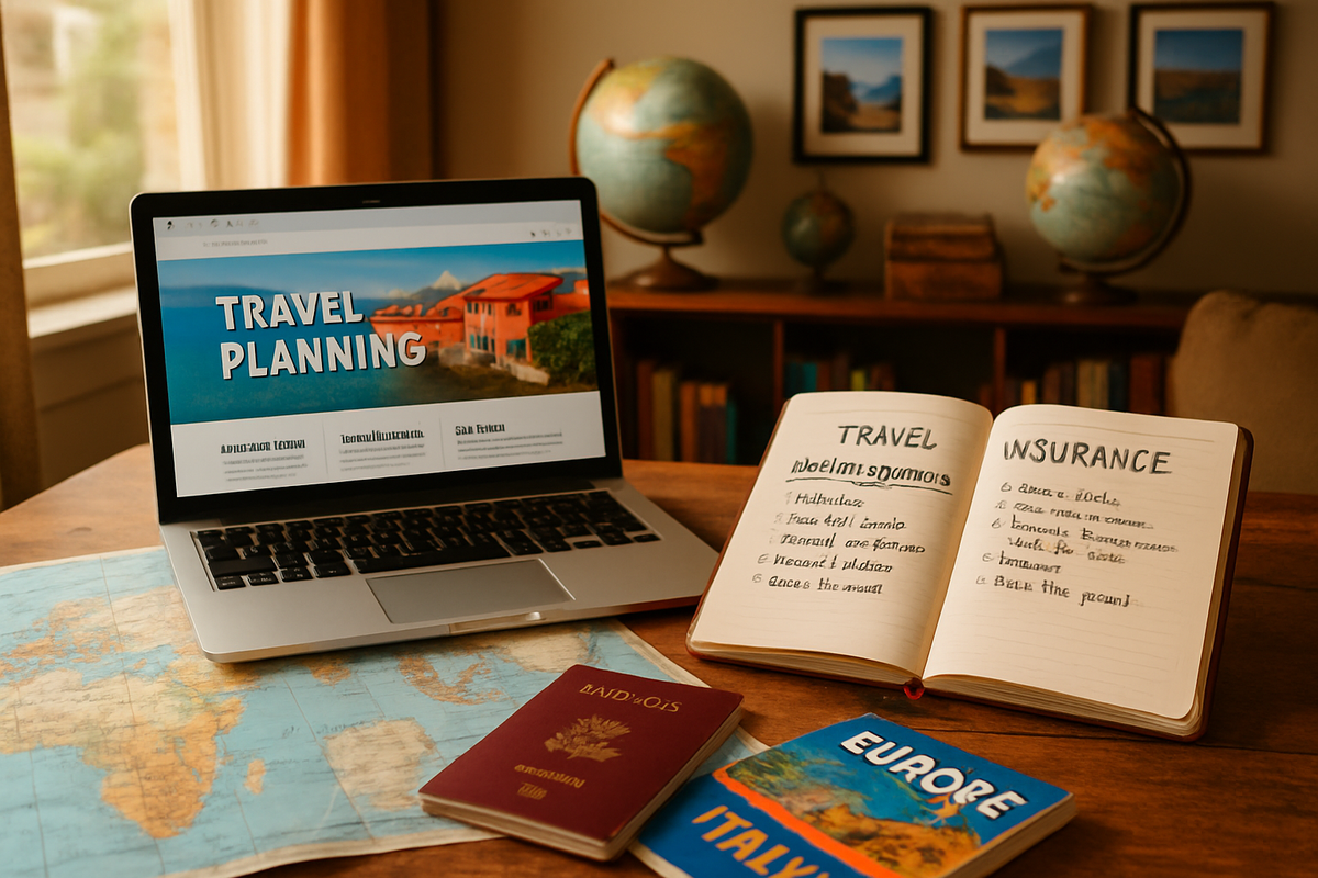 The image shows a workspace with a laptop displaying a travel planning website, an open notebook with travel and insurance notes, a world map, a passport, and travel guidebooks.