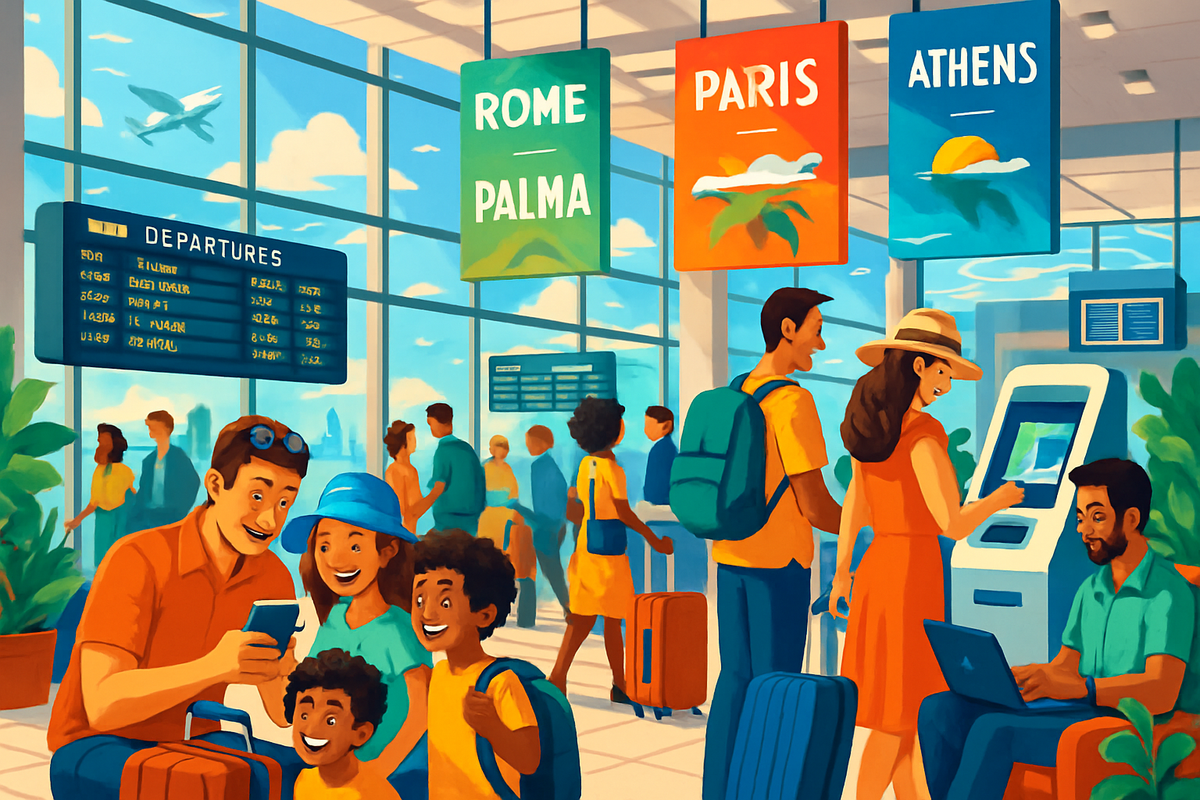 The image depicts a vibrant airport scene with people of various ages interacting, showing excitement and anticipation for their travels to destinations like Rome, Paris, and Athens.