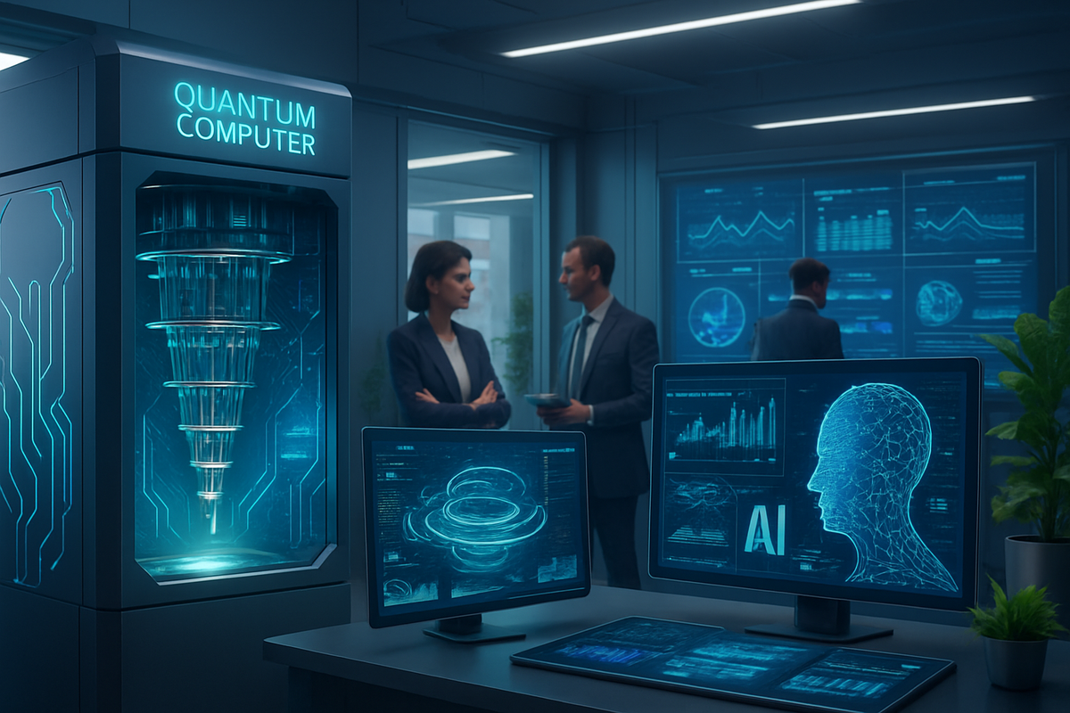 The image depicts a modern office featuring a quantum computer with digital displays showcasing data and graphs, while two professionals engage in conversation nearby.