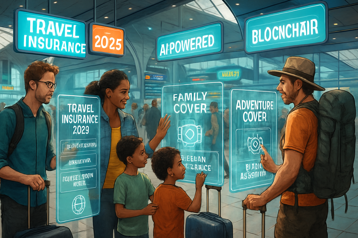 A family discusses various travel insurance options at a futuristic train station with digital displays.