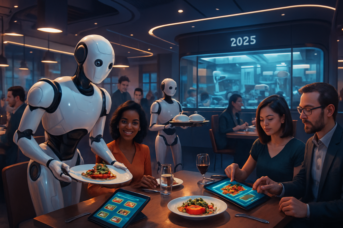 The image depicts a futuristic restaurant where robotic servers present meals to a diverse group of diners using tablets to order.