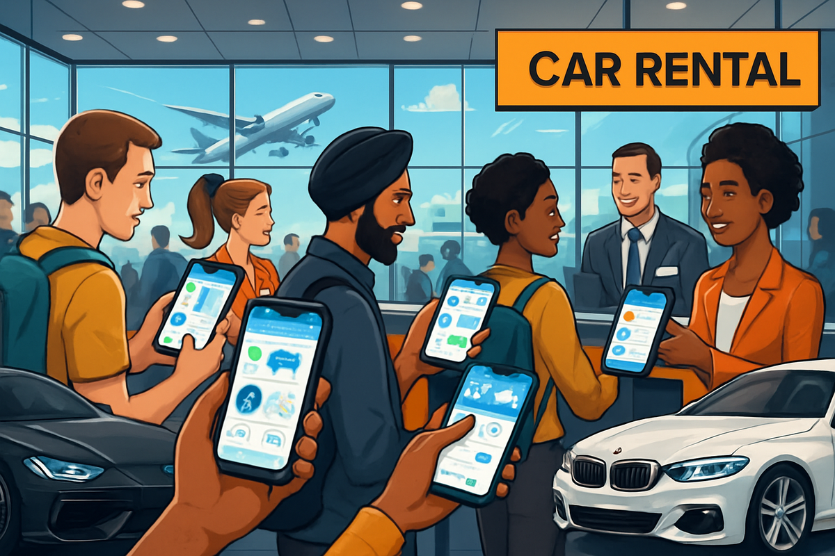 The image depicts a busy car rental scene at an airport, with people using smartphones while a plane can be seen outside the window.